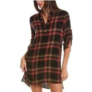 Bella Dahl Plaid Split Neck Long Sleeve Shirt Dress w Pockets